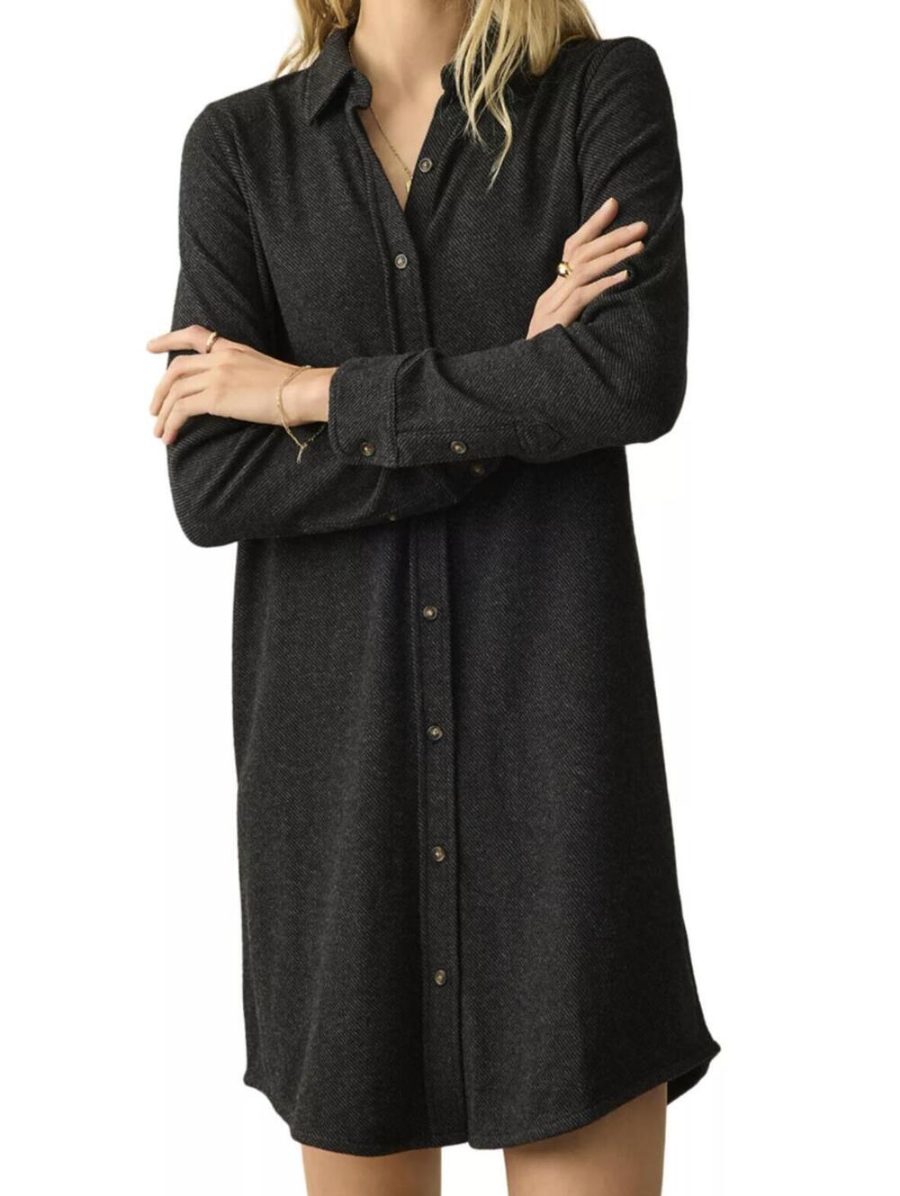 Faherty Legend Heathered Black Twill Button Shirt Dress - Size - Medium